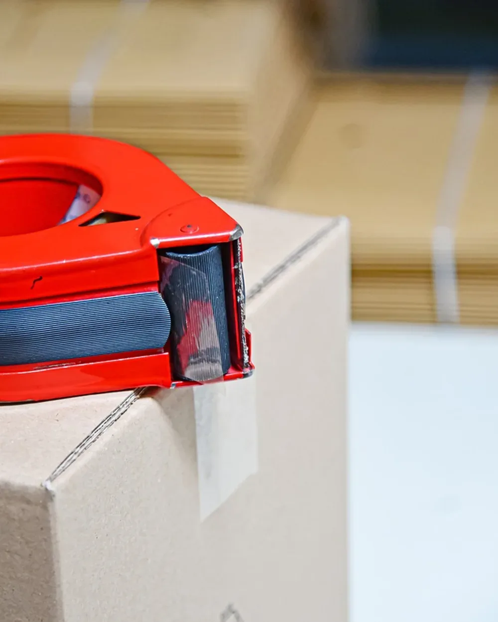 A tape dispenser sealing a cardboard box ready for dispatch